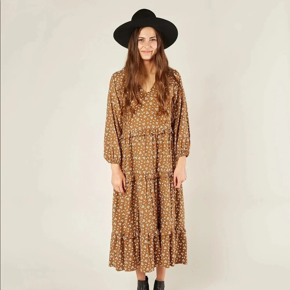 Rylee + Cru Mabel Brown Floral Tiered Midi Boho V-neck Dress Size XS